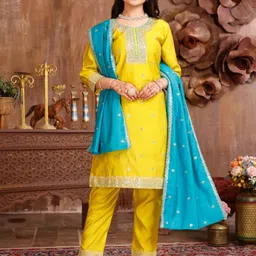 BAESD Girls Floral Embroidered Regular Sequinned Kurti with Pyjamas & With Dupatta-picture-11