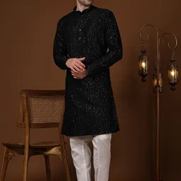 Pro-Ethic STYLE DEVELOPER Men Embroidered Angrakha Sequinned Pure Cotton Kurta with Pyjamas-18