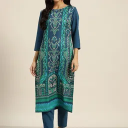 Sangria Women Blue Ethnic Motifs Printed Kurta with Solid Trousers-image-15
