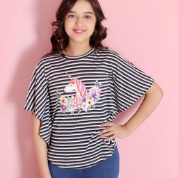 Cutecumber Half Flutter Sleeves Striped & Flowers With Unicorn Placement Printed Top - Black-image-1