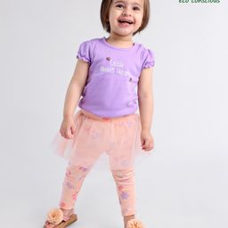 Babyoye Eco-Conscious Cotton with Eco-Jiva Finish Puff Sleeves Onesie & Leggings Floral Print - Purple & Peach-image-71
