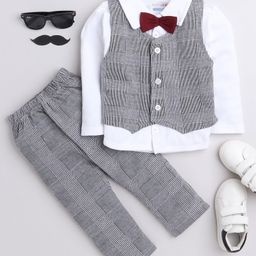BUMZEE Full Sleeves Solid Bow Applique Shirt With Sleeveless Striped Design Checkered Waistcoat And Pant - White Grey-picture-18