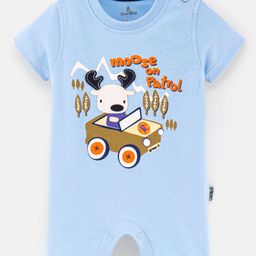 Child World 100%  Cotton Interlock Half Sleeves Romper Reindeer Print & Patch- Blue-image-93