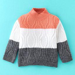 Yellow Apple Knitted Full Sleeves Sweater With Cable Knit - White  & Peach-image-19