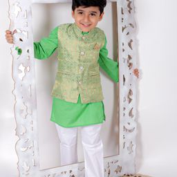 Superminis  Pure Cotton Full Sleeves Solid Kurta Pyjama With Dupion Silk Floral Block Motif Designed Jacket - Green-image-42