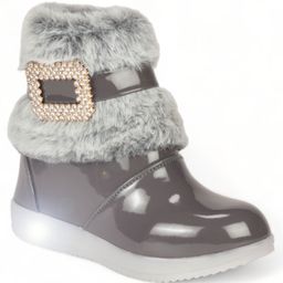 Lil Lollipop Stone Detailed Fur Embellished Zipper Party Boots With LED Light & Glossy Finish - Grey-image-87
