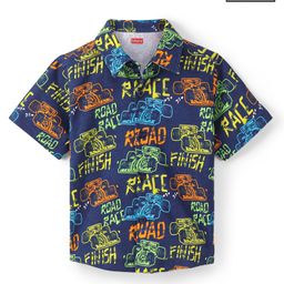 Babyhug Cotton Knit Half Sleeves Regular Collar Shirt Race Car Printed - Navy Blue-image-53