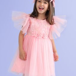 Babyhug Woven Sleeveless Fit and Flare Party Dress with Floral Corsage & Embellish - Pink-image-57