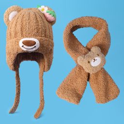 Babyhug Woolen Cap & Muffler Set with Teddy Bear Applique - Light Brown-picture-13