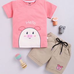 TOONYPORT Cotton Half Sleeves Hello Printed Tee & Shorts Set - Pink-image-70
