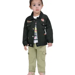 DOTSON Cotton Modal Tee & Pant Set With Full Sleeves Placement Typography Printed Jacket - Green-picture-27