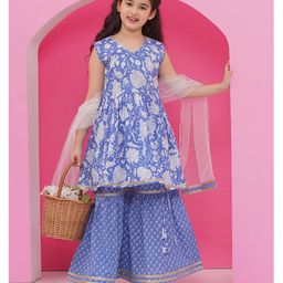 AJ Dezines Sleeveless Lace Embellished Floral Printed Kurta Sharara & Dupatta Set - Blue-image-77