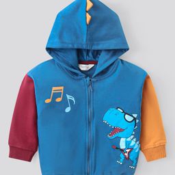 Bonfino 100% Cotton French Terry Knit Full Sleeves Colour Block Drop Shoulder Front Zipper Hooded Sweatjacketwith Dino Chest Print & Applique - Blue-picture-20