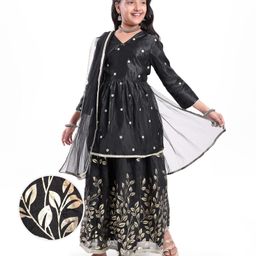 Pine Kids Woven Three Fourth Sleeves Mirror Embroidered Choli & Floral Printed Lehenga Set with Dupatta - Black-picture-27