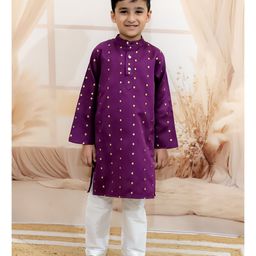 BownBee Tafetta Full Sleeves Diamond Foil Printed Kurta Pyjama Set - Purple-image-72
