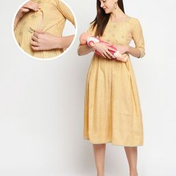 True Shape Three Fourth Sleeves Floral Embroidered Flared Maternity Kurta With Concealed Zipper Nursing Access - Yellow-18