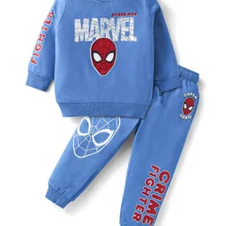 Babyhug Marvel Terry Knit Full Sleeves T-Shirt & Lounge Pant Set With Spider Man Graphics - Blue-image-93