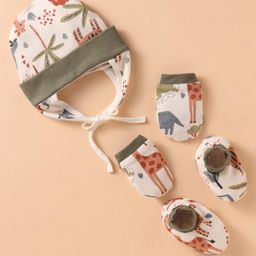 OHMS Interlock Knit Cap Mittens & Booties With Animal Print - Cream-image-5