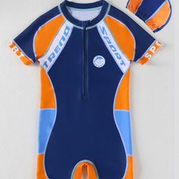 Pine Kids Half Sleeves Legged Swimsuit with Cap Abstract Print - Navy Blue-image-33