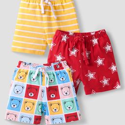 Babyhug Cotton Single Jersey Knit Shorts With Bear & Star Print Pack of 3 - Red & Yellow-image-1