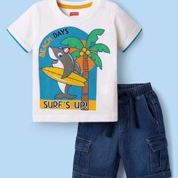 Babyhug Single Jersey Knit Half Sleeves T-Shirt & Denim Shorts Set with Beach Theme Print - White & Blue-image-54