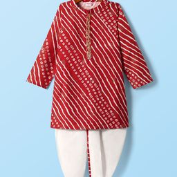 Babyhug Woven Full Sleeves Striped Kurta Dhoti Set With Foil Print - Red & White-image-50