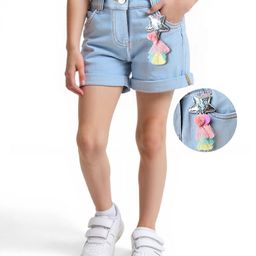 Little Kangaroos Knee Length Washed Denim Shorts with Star Applique - Light Blue-image-86
