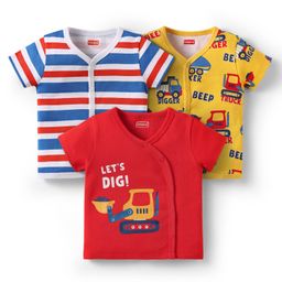 Babyhug 100% Cotton Interlock Knit Front Open Half Sleeves Vests With Stripes & Vehicle Print Pack Of 3 - Red Blue & Yellow-image-66