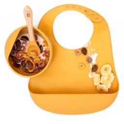 Kids Station 3 Piece Portable Silicone Baby Feeding Set - Baby Bib - Spoon and Bowl - Make Mealtime Fun and Easy for Your Little One - Promotes Baby Self-Feeding for Highchair - Yellow-18