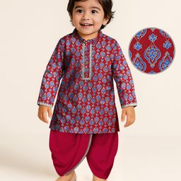 EARTHY TOUCH Single Jersey Knit Mandarin Collar Full Sleeves Kurta Dhoti Set with Floral Foil Print & Lace Detailing - Red-image-58