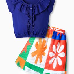 Ollington St.Cotton Knit Half Sleeves Top & Floral Printed Skirt Set - Blue-image-96