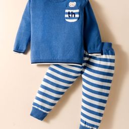 ToffyHouse Cotton Knit Full Sleeves Winter Wear Set With Stripes & Teddy Pocket Patch - Blue & White-picture-35