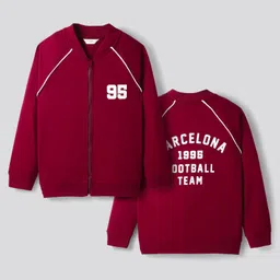 Primo Gino 100% Cotton French Terry Knit Full Raglan Sleeves Front Open Bomber Jacket With Front & Back Text Print - Maroon-picture-22