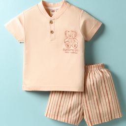 Zero Sinker Knit Half Sleeves Shorts Night Suit with Teddy Print & Stripes - Peach-picture-0