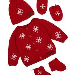 The Original Knit Full Sleeves Snow Flakes Embroidered Sweater With Cap Mittens & Socks Set - Dark Red-picture-31