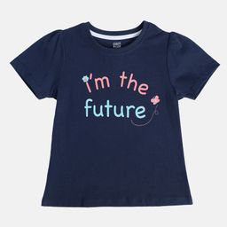 MINI KLUB Cotton Knit Half Puffed Sleeves Im The Future Text Printed Top - Navy Blue-picture-4