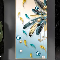 THE NEXT DECOR Majestic Blue-Gold Bird Glass Finish Vertical Wall Art-image-96