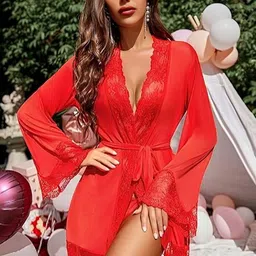 Klovvy Self Designed V-Neck Baby Doll Robe With Briefs-4