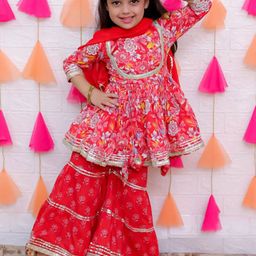 AATYA KIIDS Girls Floral Printed Regular Pure Cotton Kurta with Sharara & With Dupatta-image-78