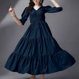 Femvy Smocked Tiered Puff Sleeve Maxi Fit & Flare Dress-image-92