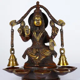 Exotic India Goddess Lakshmi Five Wicks Lamp With Bells-image-44