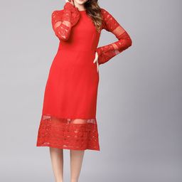 Athena Women Red Solid Lace Detail Sheath Dress-image-58