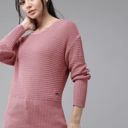 Roadster Women Pink Pure Cotton Open Knit Pullover-image-53