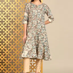 Anouk Beige Floral Printed Notch Neck A-Line Kurta-image-7