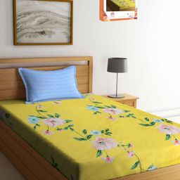 Myntra Elegant Homes Yellow & Green Floral 300 TC Single Bedsheet with 1 Pillow Covers-image-99
