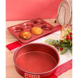 Hazel Alfa Heavy Gauge Aluminium Granite Finish Non Stick Microwave Safe 2 Piece Mould Combo Large Cake Mould With Muffin Tray - Red-20