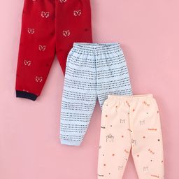 Mini Donuts Cotton Full Length Lounge Pants Bear & Tiger Print Pack Of 3 - Blue Red & Peach-image-79