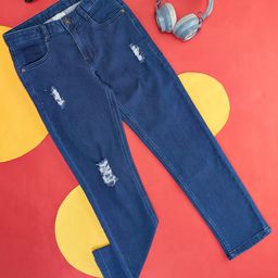 Pantaloons Junior Mild Distressed Solid Button Down Jeans - Medium Blue-image-77