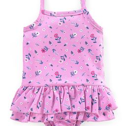 Babyhug V Cut Sleeveless Frock Style Swimsuit Floral Print - Pink-image-9