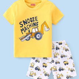 Babyhug Cotton Knit Half Sleeves Night Suit With JCB & Text Print - Yellow & White-image-74
